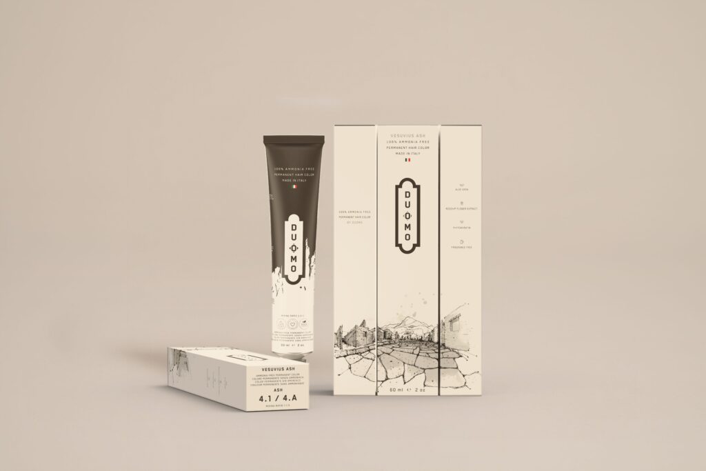 Duomo 4.1 / 4A - Vesuvius Ash Ash hair color tube and boxes on a beige backdrop
