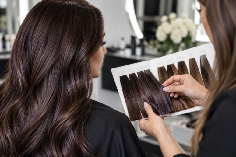 violet-based brunette formulas with ash reflects create balanced, cool-toned hair colour